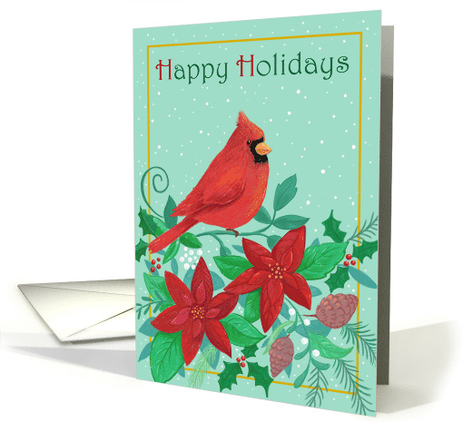 Happy Holidays Red Cardinal & Poinsettia Flowers card (1745592)