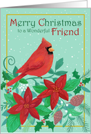 Friend Christmas Red Cardinal & Poinsettia Flowers card