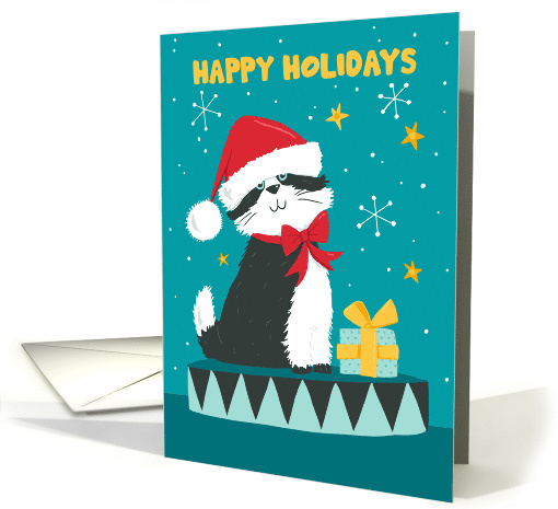 Happy Holidays Black & White Cat with Santa Hat card (1746996)