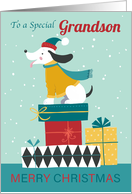 Grandson Christmas Dog on Festive Parcels card