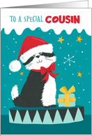 Cousin Christmas Black & White Cat with Santa Hat card