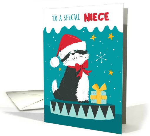 Niece Christmas Black & White Cat with Santa Hat card (1747584)