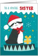 Sister Christmas Black & White Cat with Santa Hat card