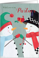 Partner Christmas Snowman Couple and Red Cardinal card