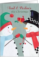 Aunt and Partner Christmas Snowman Couple and Red Cardinal card