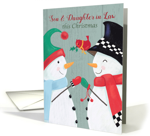 Son and Daughter in Law Christmas Snowman Couple and Red Cardinal card