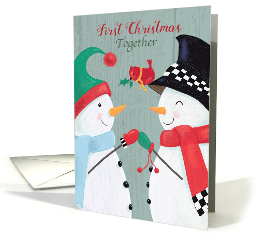 First Christmas Together Snowman Couple and Red Cardinal card