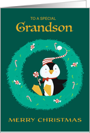 Grandson Christmas Penguin in Wreath card