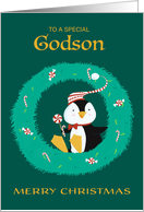 Godson Christmas Penguin in Wreath card