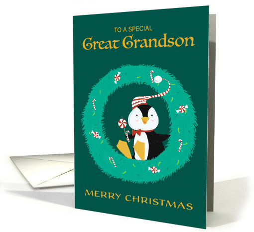 Great Grandson Christmas Penguin in Wreath card (1751094)