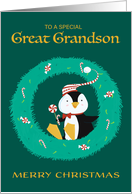 Great Grandson Christmas Penguin in Wreath card