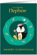 Nephew Christmas Penguin in Wreath card