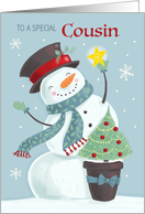 Cousin Christmas Holiday Snowman Hat and Star card