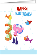 Age 3 Birthday Cute Snorkel Pink Pig and Fish card