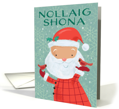 Nollaig Shona Irish Gaelic Cute Santa with Red Cardinal Birds card