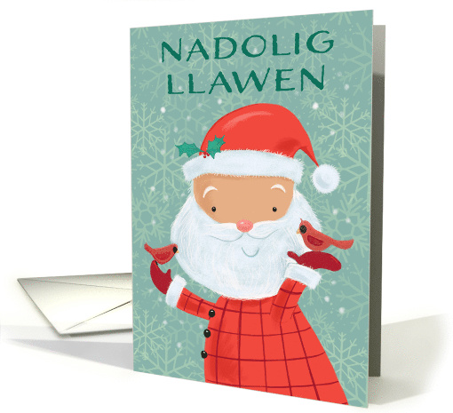 Nadolig Llawen Welsh Cute Santa with Red Cardinal Birds card (1806090)