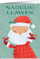 Nadolig Llawen Welsh Cute Santa with Red Cardinal Birds card