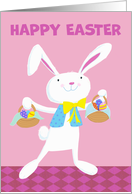 Happy Easter White Bunny with Easter Eggs on Pink card