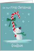 Godson First Christmas Snowman Candy Cane card