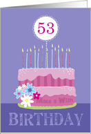 53rd Birthday Pink Cake with Candles and Distressed Text card