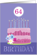 64th Birthday Pink Cake with Candles and Distressed Text card