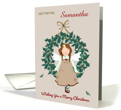 Custom Name Christmas Angel Fairy Holly Wreath card (1950912)
