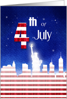 4th of July America Liberty Statue Night Sky with Stars Red lines Flag card