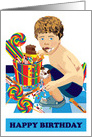 Birthday for Boy Eating Candy, Cake, and Ice Cream card