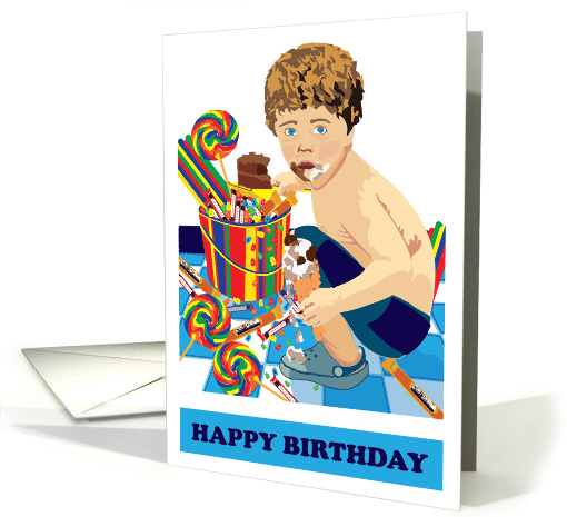 Birthday for Boy Eating Candy, Cake, and Ice Cream card (1559076)