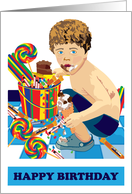 Birthday for Boy Eating Candy, Cake, and Ice Cream card