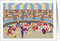 Circus Theme Birthday Party with Primary Colored Clowns and Clown Car card