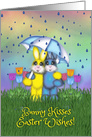 Easter Bunnies Hugging under an Umbrella, Flowers, Friend card