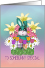 Adorable Teal Bunny Among the Lilies, Pink and White Daisies, Tulips card