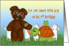 1st Birthday for a Boy,Teddy Bear with Frog sitting on Turtle card