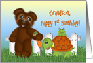 1st Birthday for a Grandson,Teddy Bear with Frog sitting on Turtle card