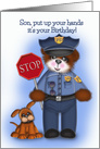 Birthday For a Young Son, Policeman Teddy Bear with Puppy, Stop Sign card