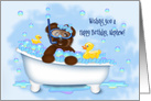 Birthday for Young Nephew Teddy Bear, Bathtub, Rubber Ducky, Bubbles card
