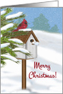 Merry Christmas, a Red Cardinal Perched on a Birdhouse in the Snow card