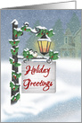 Holiday Greetings, Lamp Post with Chickadees, holly, House, Snow Scene card