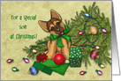 Christmas for Young Son, Naughty Shepherd Puppy Knocked Down the Tree card