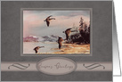 Christmas, Painting of Geese Flying Over a Lake Snow Capped Mountain card