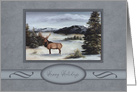 Christmas, Painting of an Elk in the Snow Surrounding by Mountains card