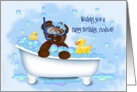 Birthday for Godson Teddy Bear, Bathtub, Rubber Ducky, Bubbles card