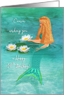 Happy 14th Birthday for Cousin Mermaid, Lilies, Watercolor card