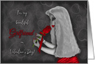 Valentine for Girlfriend, Young Woman Holding Red Rose, Black, Gray card