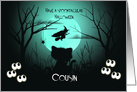 Halloween for Cousin Spooky, Shilouette Cat, Flying Witch, Moon card