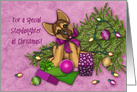 Christmas for Stepdaughter, Naughty Shepherd Puppy Knocked Down Tree card