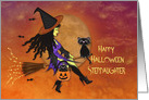 Halloween for a Stepdaughter, Pretty Witch Riding a Broom, Black Cats card