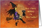 Halloween Birthday,Customize Front, Pretty Witch Riding Broom, Cats card