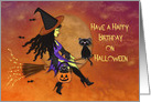 Happy Birthday on Halloween General , Pretty Witch Riding Broom, Cats card